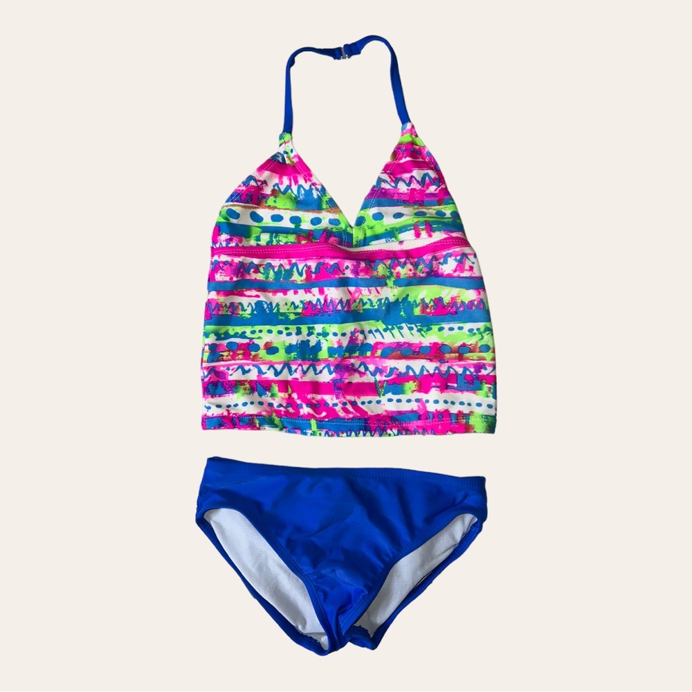 GIRL’S OP TWO PIECE TANKINI SWIMSUIT SIZE SMALL (6/6X) PINK GREEN RED AND BLUE
